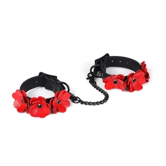 Liebe Seele Red Leather Flowers Hand Cuffs - Skórzane Kajdanki z Kwiatami
