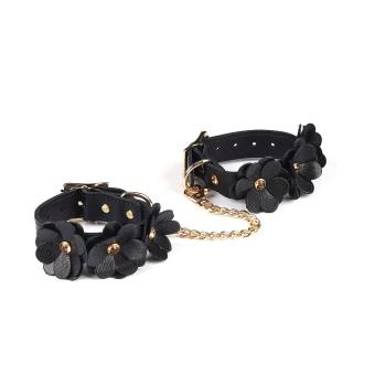 Liebe Seele Black Leather Flowers Hand Cuffs – Skórzane Kajdanki z Kwiatami